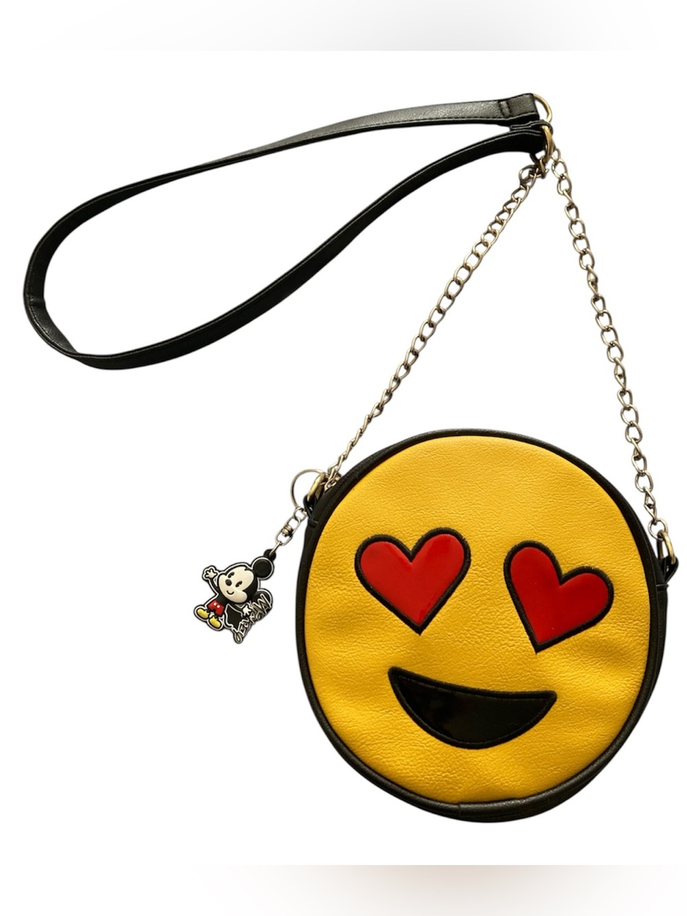 Olivia Miller Black Round Heart Eye Emoji Crossbody Bag w/Mickey Mouse Keychain